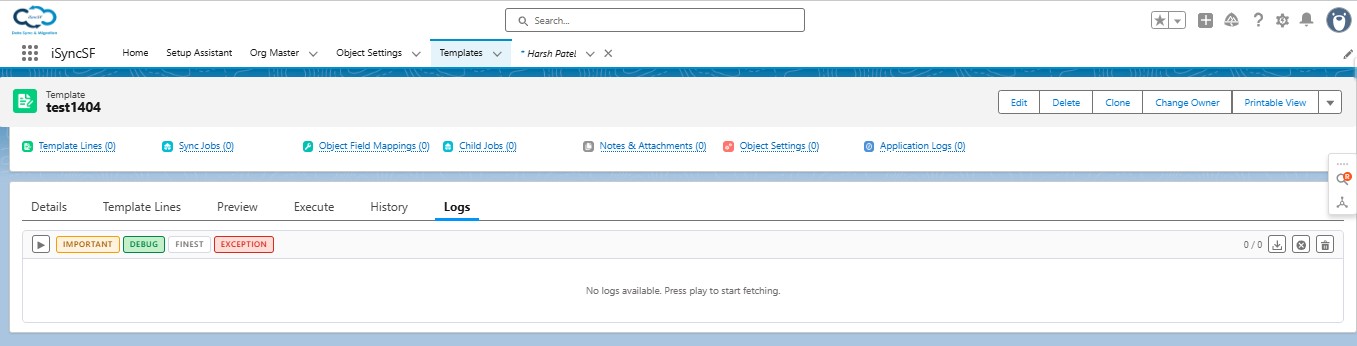 iSyncSF Application Logs viewer with real-time filtering by ERROR, DEBUG, and FINEST log levels